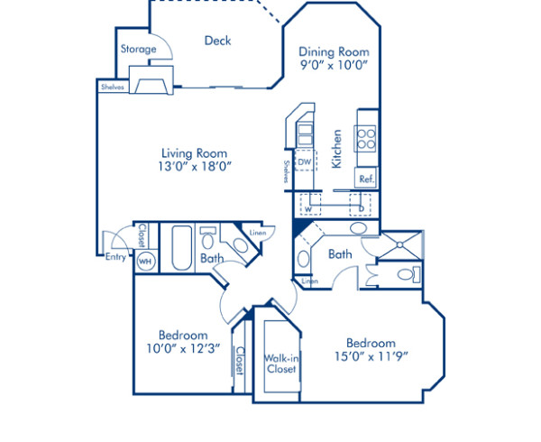 Blueprint of 2B3 Floor Plan, 2 Bedrooms and 2 Bathrooms at Camden Gaines Ranch Apartments in Austin, TX