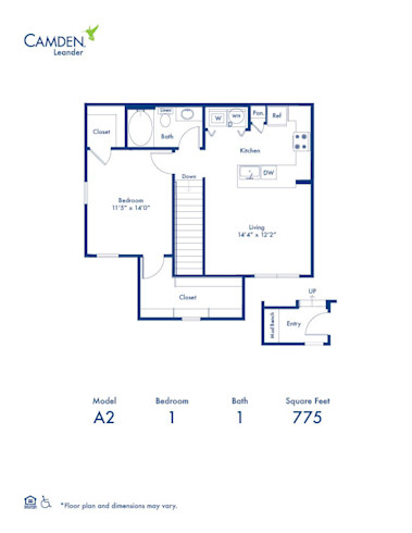 A2 floor plan at Camden Leander apartments in Leander, TX, a 1 bed x 1 bath apartment home