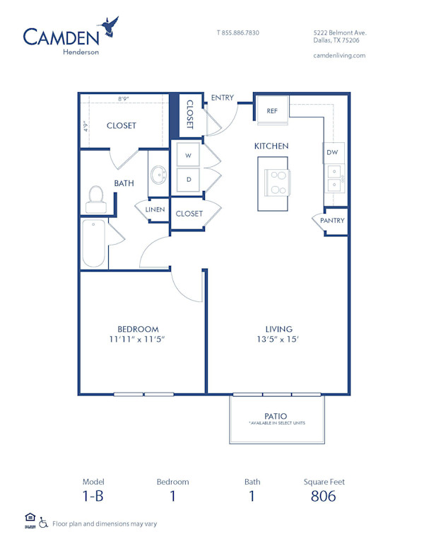 Blueprint of B Floor Plan, 1 Bedroom and 1 Bathroom at Camden Henderson Apartments in Dallas, TX