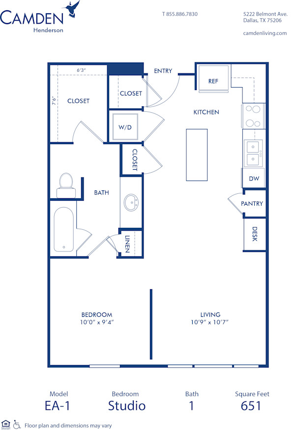 Blueprint of EA1 Floor Plan, 1 Bedroom and 1 Bathroom at Camden Henderson Apartments in Dallas, TX