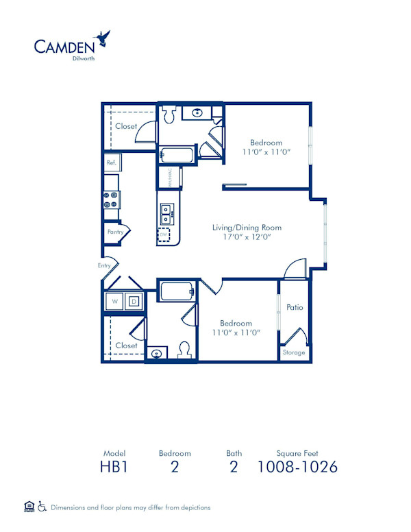 Blueprint of HB1.2 Floor Plan, 2 Bedrooms and 2 Bathrooms at Camden Dilworth Apartments in Charlotte, NC