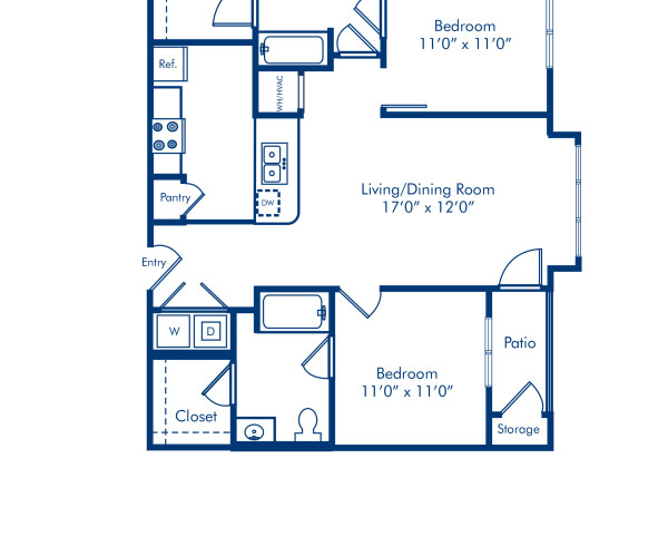 Blueprint of HB1.2 Floor Plan, 2 Bedrooms and 2 Bathrooms at Camden Dilworth Apartments in Charlotte, NC