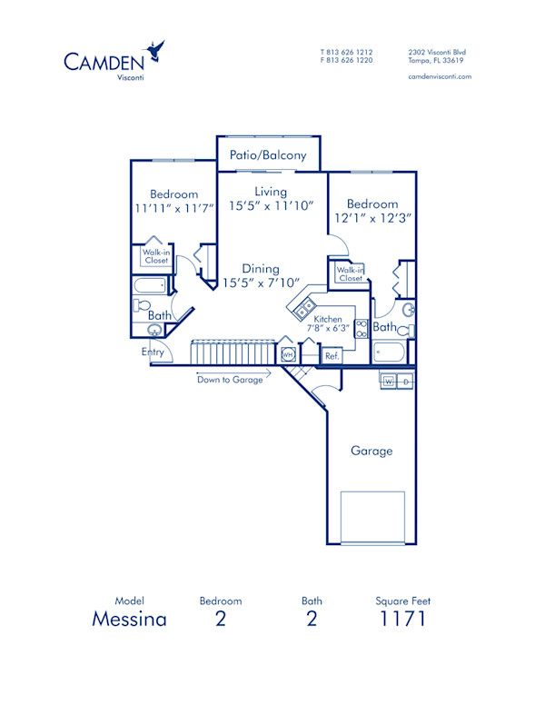 Blueprint of Messina Floor Plan, 2 Bedrooms and 2 Bathrooms at Camden Visconti Apartments in Tampa, FL