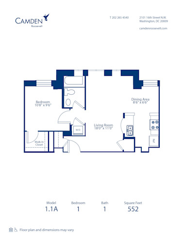 1.1A Floor Plan, Apartment Home with 1 Bedroom and 1 Bathroom at Camden Roosevelt in Washington, DC