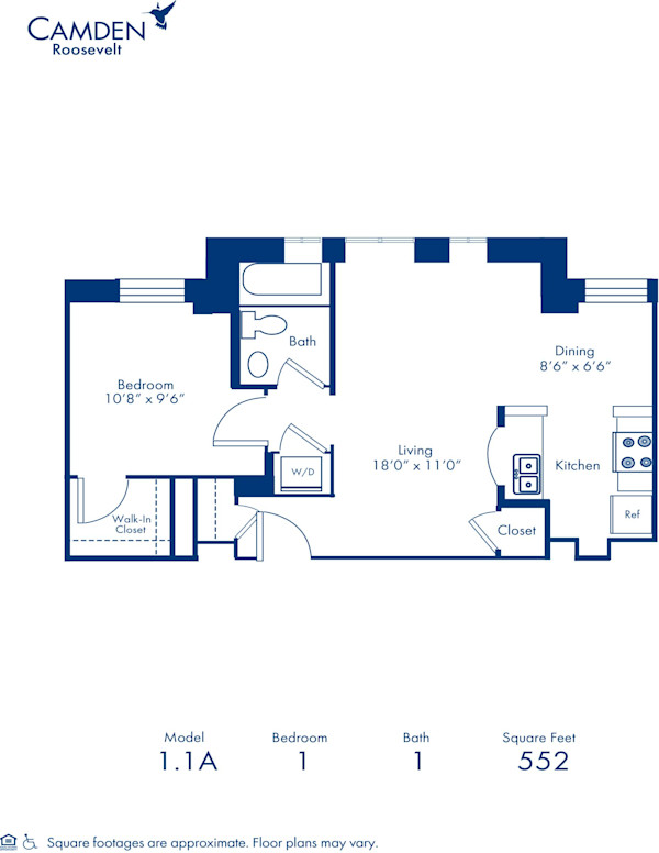 1.1A Floor Plan, Apartment Home with 1 Bedroom and 1 Bathroom at Camden Roosevelt in Washington, DC