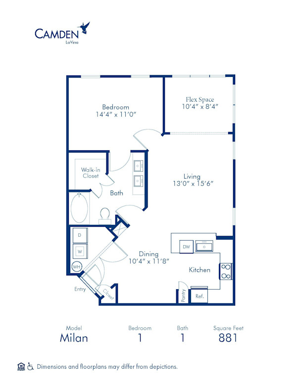 Blueprint of Milan Floor Plan, 1 Bedroom and 1 Bathroom at Camden LaVina Apartments in Orlando, FL