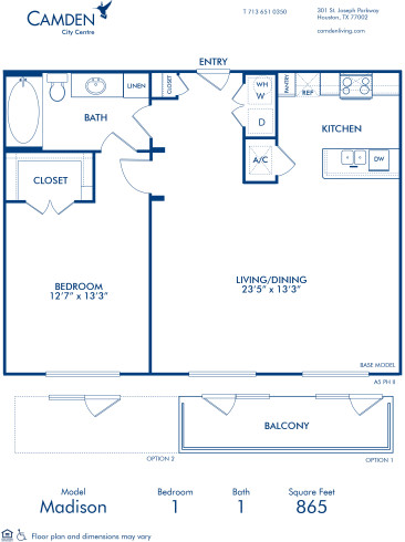 Blueprint of Madison II Floor Plan, 1 Bedroom and 1 Bathroom at Camden City Centre II Apartments in Houston, TX