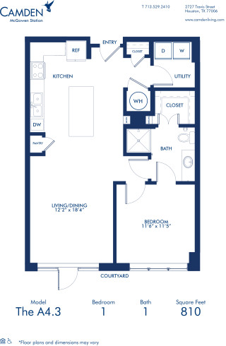 Blueprint of A4.3 Floor Plan, One Bedroom One Bathroom Apartment at Camden McGowen Station in Midtown Houston, TX