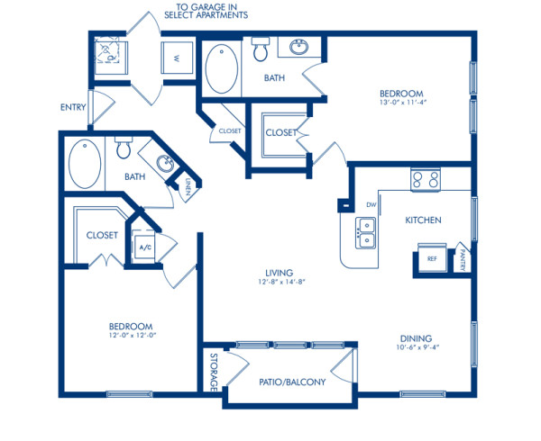 Blueprint of Oak Floor Plan, 2 Bedrooms and 2 Bathrooms at Camden Whispering Oaks Apartments in Houston, TX