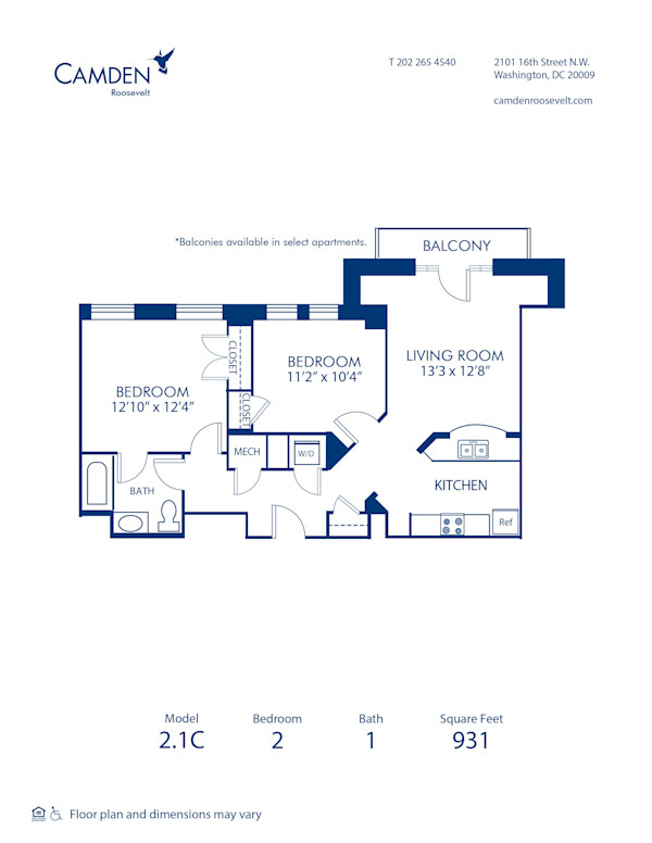 Blueprint of 2.1C Floor Plan, 2 Bedrooms and 1 Bathroom at Camden Roosevelt Apartments in Washington, DC