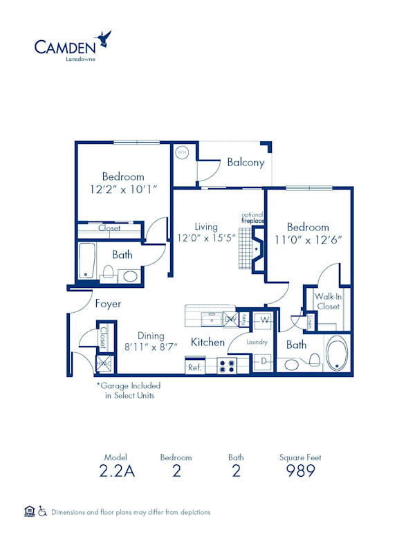 Blueprint of 2.2A Floor Plan, 2 Bedrooms and 2 Bathrooms at Camden Lansdowne Apartments in Lansdowne, VA