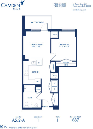 Blueprint of A5.2-A Floor Plan, 1 Bedroom and 1 Bathroom at Camden NoMa II Apartments in Washington, DC