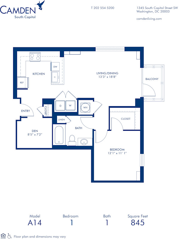 Blueprint of A14D Floor Plan, 1 Bedroom and 1 Bathroom at Camden South Capitol Apartments in Washington, DC