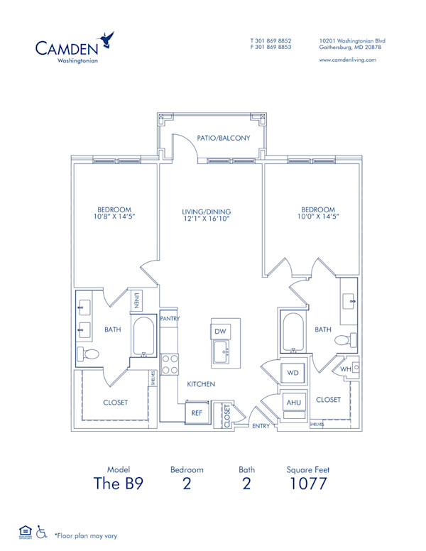 Blueprint of The B9, 2 Bedroom 2 Bathroom Floor Plan at Camden Washingtonian Apartments in Gaithersburg, MD 