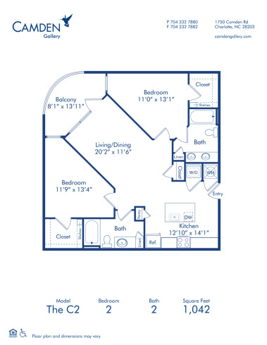Blueprint of C2 Floor Plan, 2 Bedrooms and 2 Bathrooms at Camden Gallery Apartments in Charlotte, NC