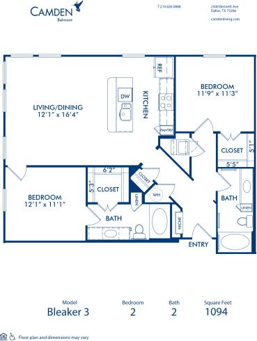 Blueprint of Bleaker 3 Floor Plan, 2 Bedrooms and 2 Bathrooms at Camden Belmont Apartments in Dallas, TX