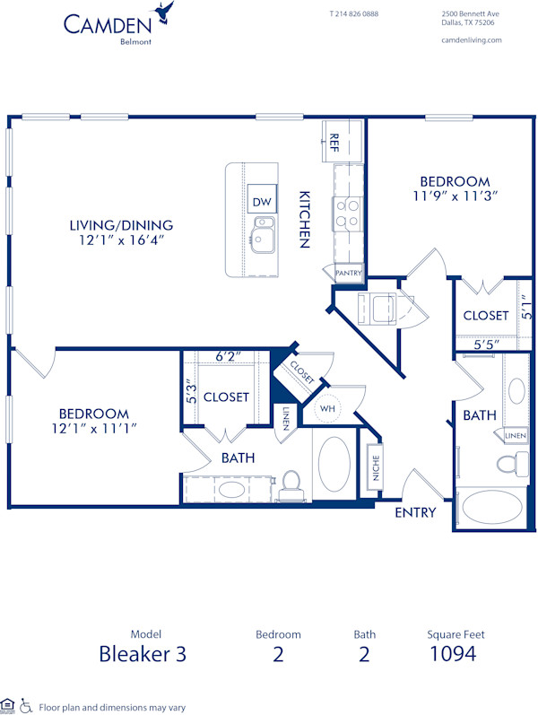 Blueprint of Bleaker 3 Floor Plan, 2 Bedrooms and 2 Bathrooms at Camden Belmont Apartments in Dallas, TX