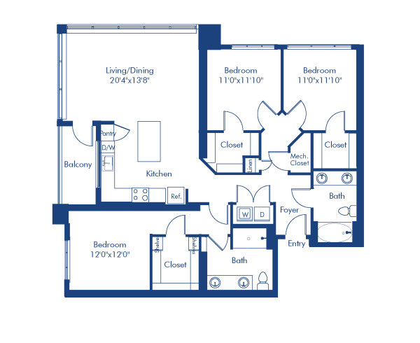 Camden Lake Eola apartments in Downtown Orlando, FL, three bedroom, two bathroom floor plan C1