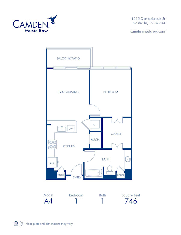 Blueprint of A4 Floor Plan, 1 Bedroom and 1 Bathroom at Camden Music Row Apartments in Nashville, TN