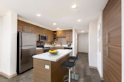 Live work kitchen island with stainless steel appliances