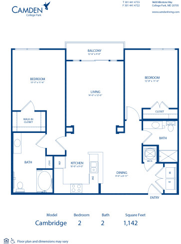 Blueprint of Cambridge Floor Plan, 2 Bedrooms and 2 Bathrooms at Camden College Park Apartments in College Park, MD