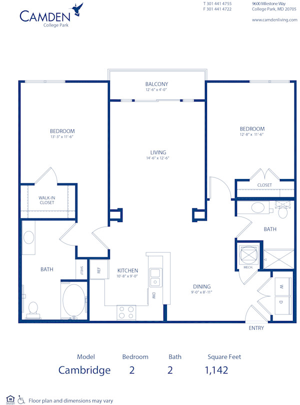 Blueprint of Cambridge Floor Plan, 2 Bedrooms and 2 Bathrooms at Camden College Park Apartments in College Park, MD