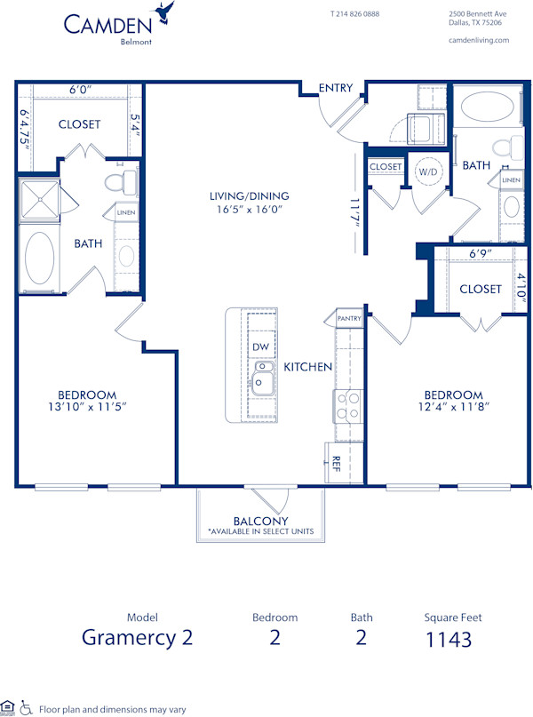Blueprint of Gramercy 2 Floor Plan, 2 Bedrooms and 2 Bathrooms at Camden Belmont Apartments in Dallas, TX