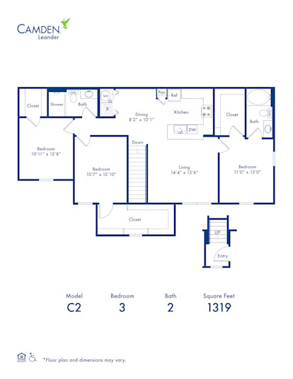 C2 three bedroom three bathroom 1319 square feet floor plan at Camden Leander in Leander, TX