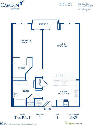 Blueprint of B3-1 Floor Plan, 1 Bedroom and 1 Bathroom at Camden Southline Apartments in Charlotte, NC