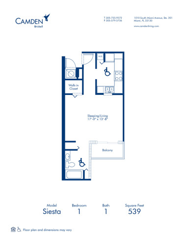 Blueprint of Siesta Floor Plan, Studio with 1 Bathroom at Camden Brickell Apartments in Miami, FL