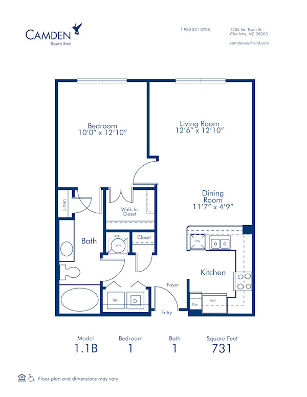 Blueprint of 1.1B Floor Plan, 1 Bedroom and 1 Bathroom at Camden South End Apartments in Charlotte, NC