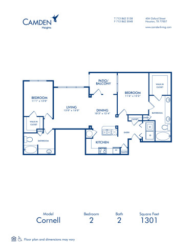 Blueprint of The Cornell Floor Plan, 2 Bedrooms and 2 Bathrooms at Camden Heights Apartments in Houston, TX