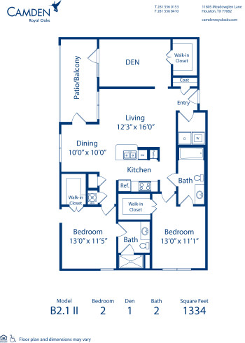 Blueprint of B2.1  II Floor Plan, 2 Bedrooms and 2 Bathrooms at Camden Royal Oaks II Apartments in Houston, TX