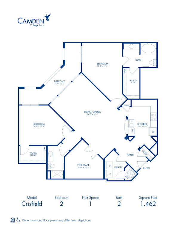 Blueprint of Crisfield Floor Plan, 2 Bedrooms and 2 Bathrooms at Camden College Park Apartments in College Park, MD