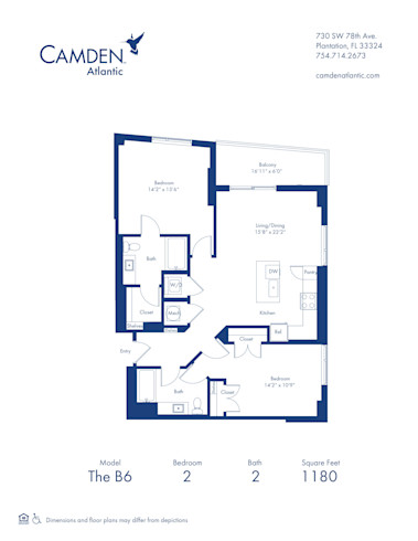 The B6 floor plan, 2 bed, 2 bath apartment home at Camden Atlantic in Plantation, FL