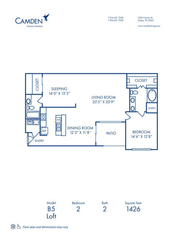 Blueprint of B5 - Loft Floor Plan, 2 Bedrooms and 2 Bathrooms at Camden Farmers Market Apartments in Dallas, TX