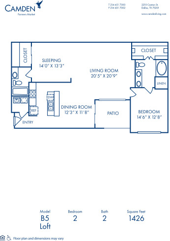 Blueprint of B5 - Loft Floor Plan, 2 Bedrooms and 2 Bathrooms at Camden Farmers Market Apartments in Dallas, TX