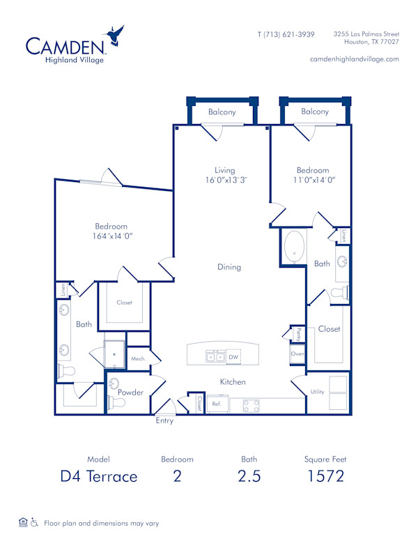 Camden Highland Village apartments in Houston, TX Terrace two bedroom floor plan D4