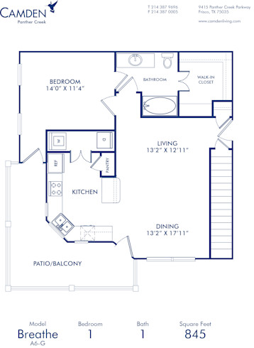 Blueprint of Breathe Floor Plan, 1 Bedroom and 1 Bathroom at Camden Panther Creek Apartments in Frisco, TX