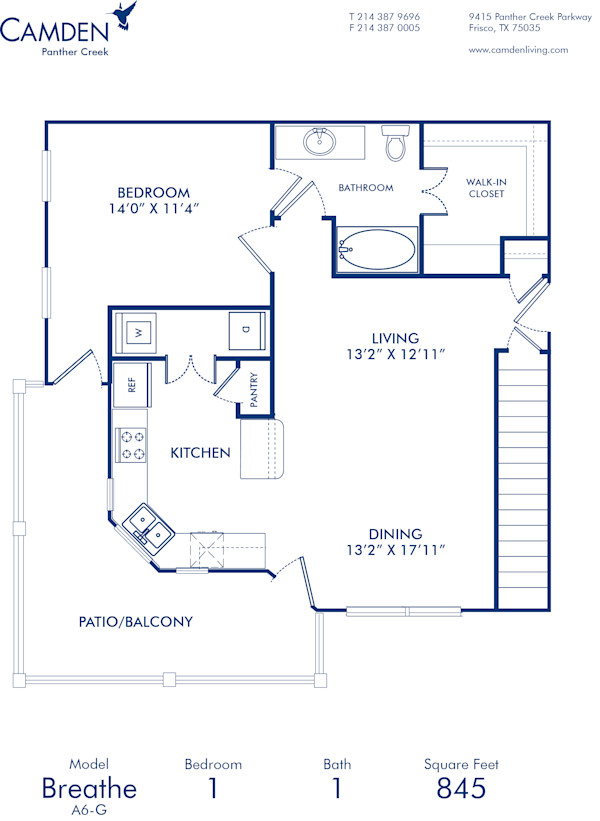 Blueprint of Breathe Floor Plan, 1 Bedroom and 1 Bathroom at Camden Panther Creek Apartments in Frisco, TX