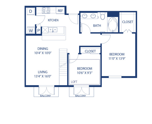 Blueprint of D5L Floor Plan, 1 Bedroom and 1 Bathroom at Camden Harbor View Apartments in Long Beach, CA