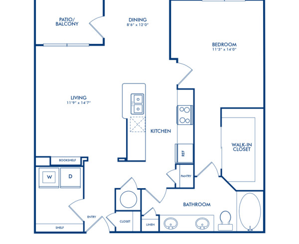Blueprint of The Tulane Floor Plan, 1 Bedroom and 1 Bathroom at Camden Heights Apartments in Houston, TX