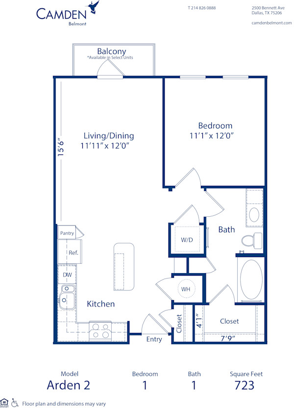 Blueprint of Arden 2 Floor Plan, 1 Bedroom and 1 Bathroom at Camden Belmont Apartments in Dallas, TX