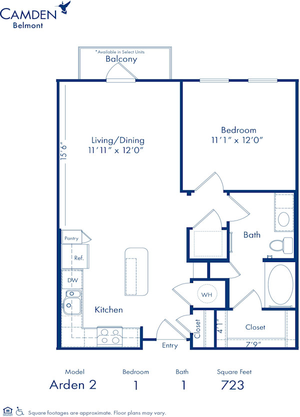 Blueprint of Arden 2 Floor Plan, 1 Bedroom and 1 Bathroom at Camden Belmont Apartments in Dallas, TX