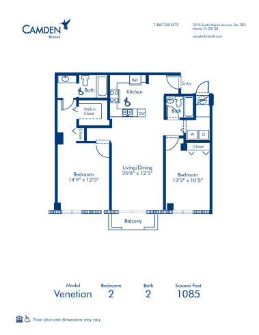 Blueprint of Venetian Floor Plan, 2 Bedrooms and 2 Bathrooms at Camden Brickell Apartments in Miami, FL