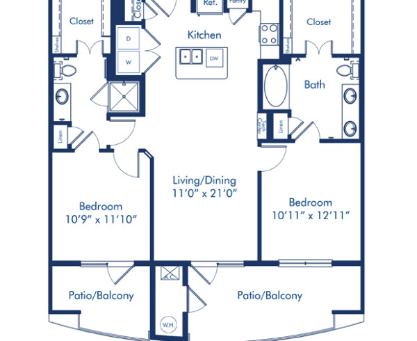 Blueprint of Lamar Floor Plan, 2 Bedrooms and 2 Bathrooms at Camden Lincoln Station Apartments in Lone Tree, CO