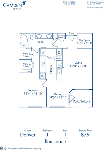 Blueprint of Denver Floor Plan, 1 Bedroom and 1 Bathroom at Camden City Centre Apartments in Houston, TX