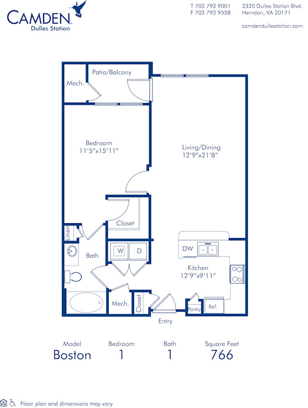 Blueprint of Boston Floor Plan, 1 Bedroom and 1 Bathroom at Camden Dulles Station Apartments in Herndon, VA