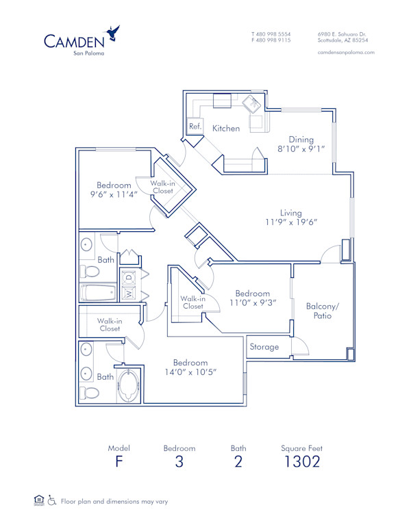 Blueprint of F Floor Plan, Apartment Home with 3 Bedrooms and 2 Bathrooms at Camden San Paloma in Scottsdale, AZ