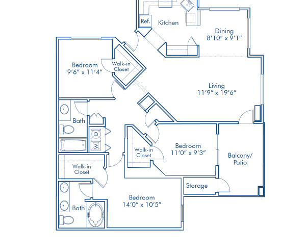 Blueprint of F Floor Plan, Apartment Home with 3 Bedrooms and 2 Bathrooms at Camden San Paloma in Scottsdale, AZ